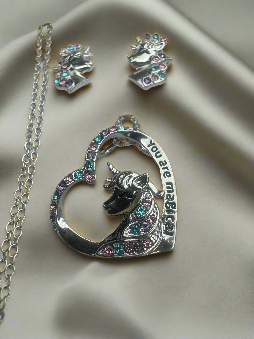 Unicorn Stud Earrings and Necklace Set