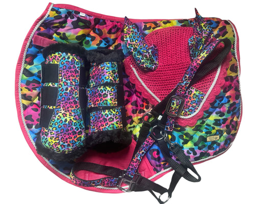 Black&Bay Leopard Print Rainbow Saddle Pad Set