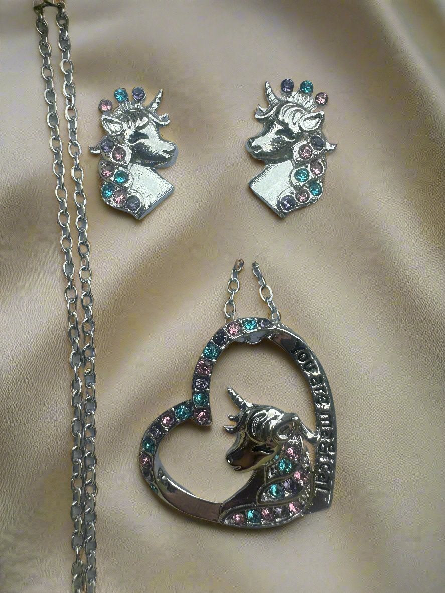 Unicorn Stud Earrings and Necklace Set